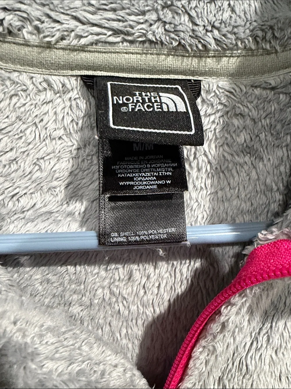 The North Face Light Gray Fuzzy Full-Zip Jacket with Pink Accents size medium